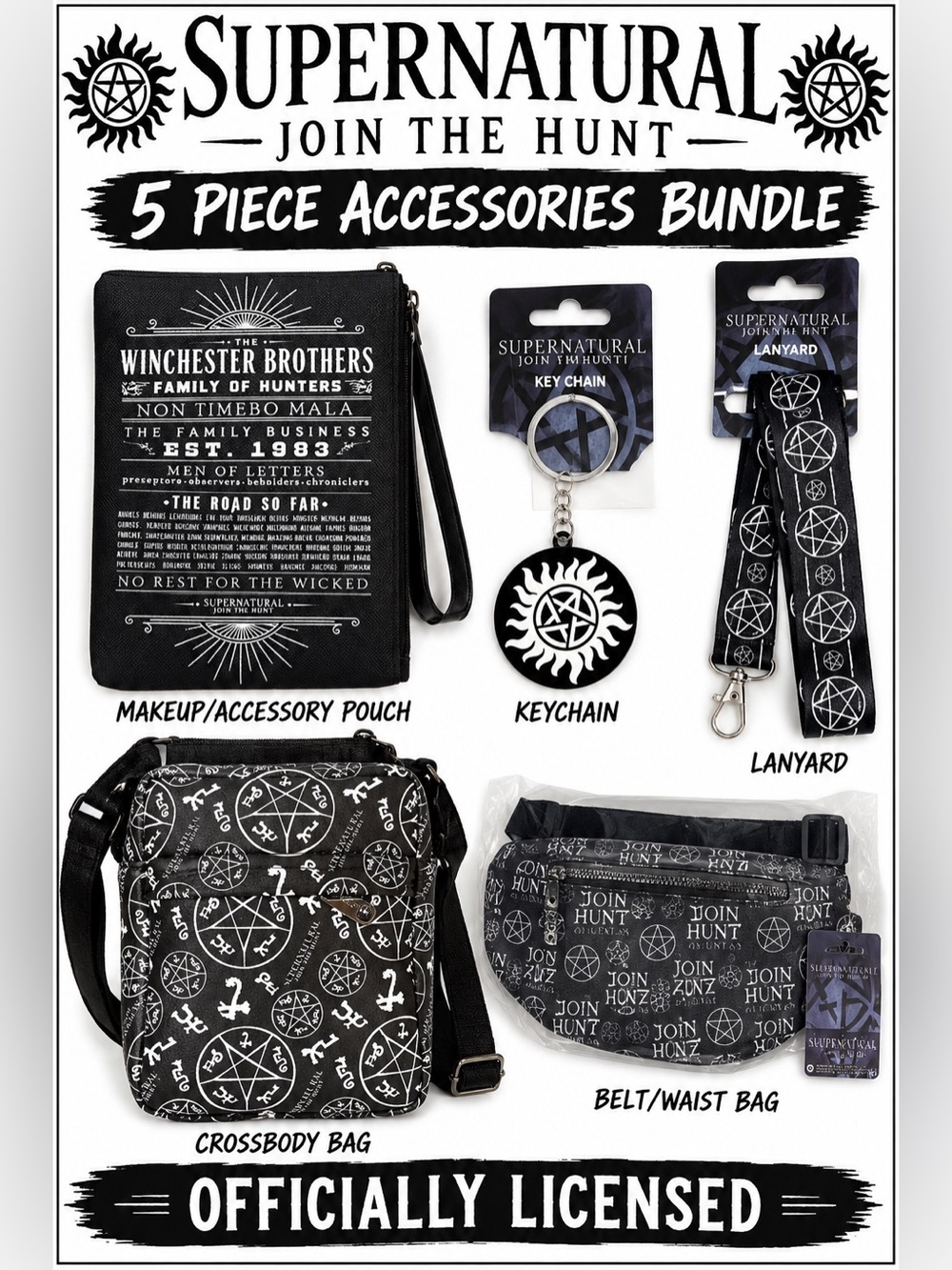 Supernatural 5 Piece Accessories Bundle Crossbody Belt Bag Lanyard Keychain NWT